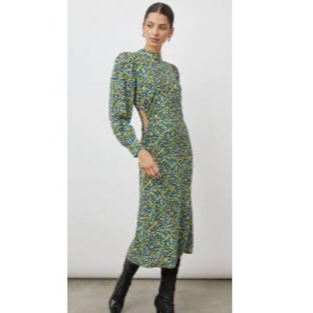 Rails Carmel Abstract Garden Midi Dress Green Long Sleeve Size Large